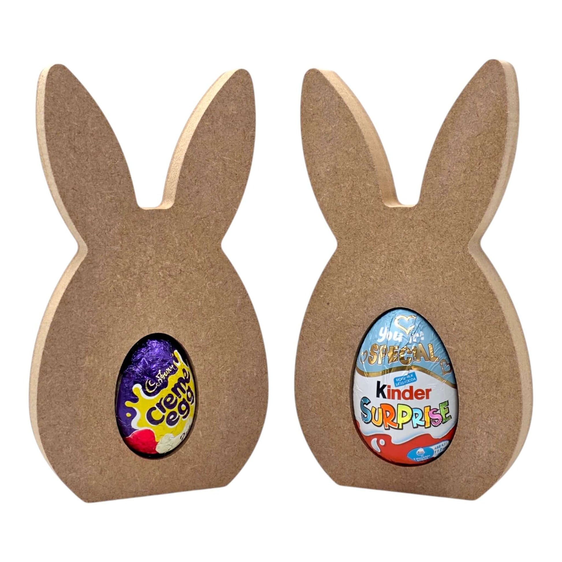 Bunny Ear Egg Holder - Straight Ears displaying Cadbury Cream Egg and Kinder Surprise eggs.