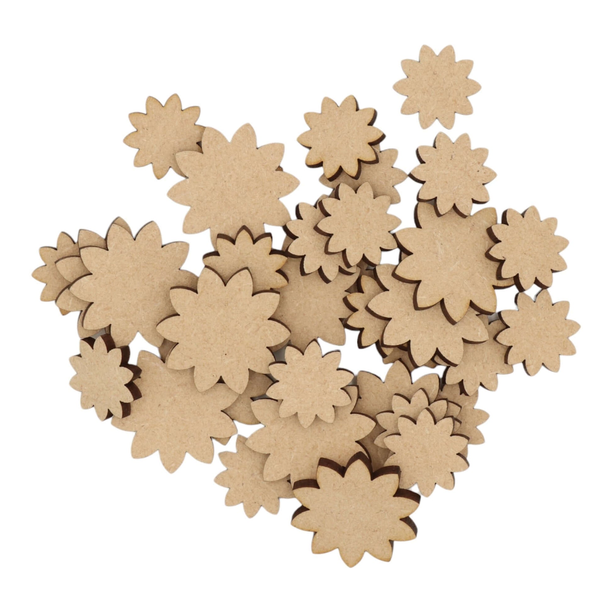 Laser cut MDF flower s1 craft shapes, 3mm thick, perfect for arts & crafts projects.