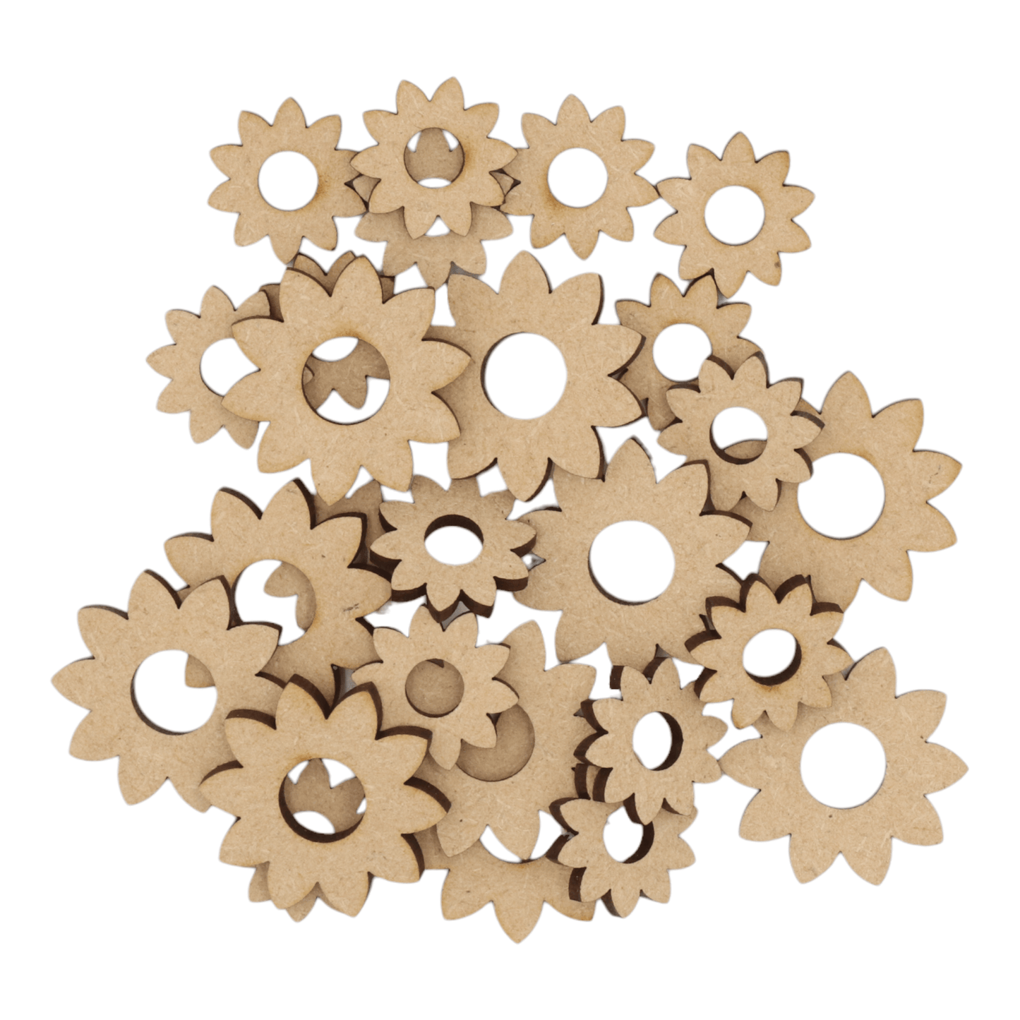 Laser cut MDF flower s2 craft shapes, 3mm thick, perfect for arts & crafts projects.