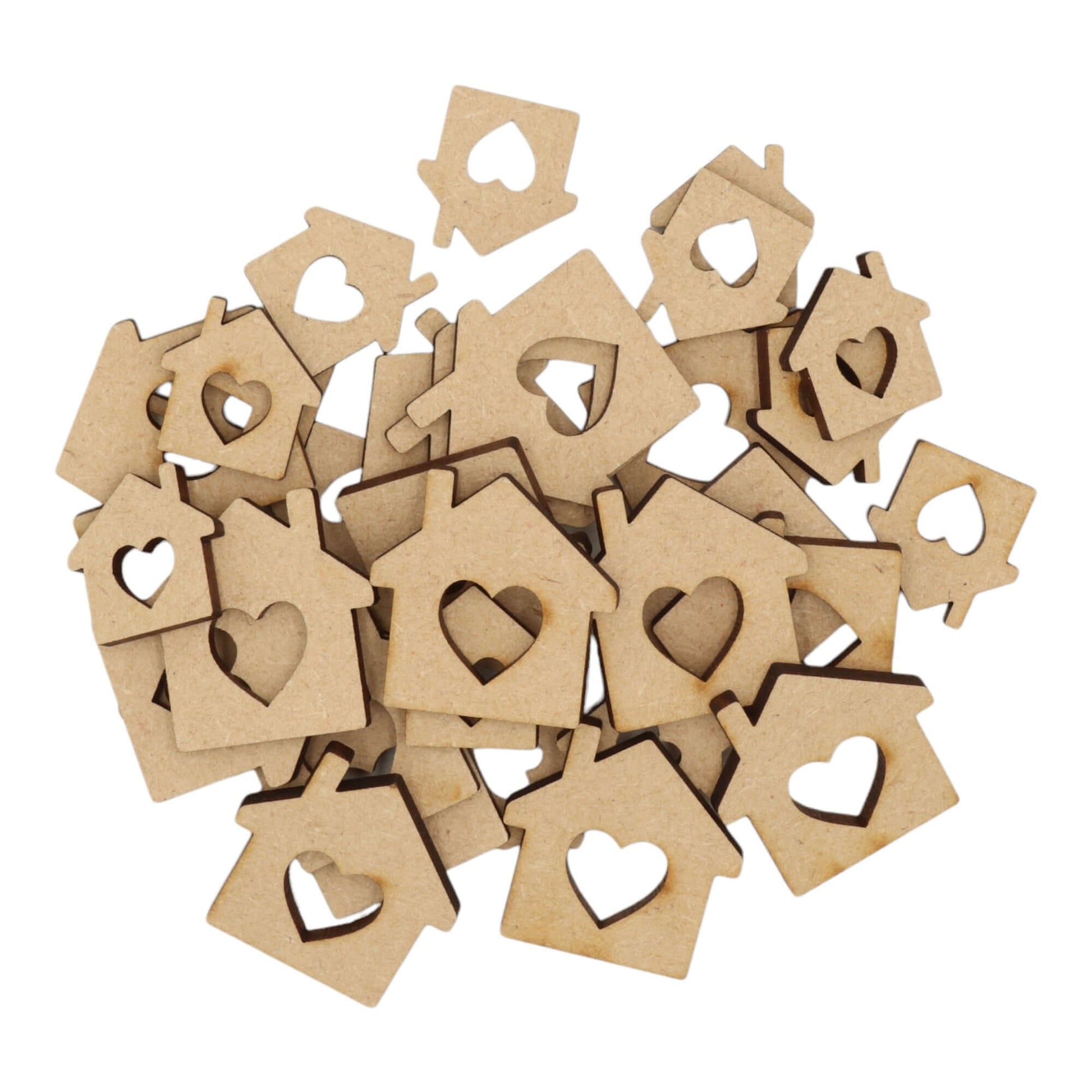 Laser cut MDF house with heart cut-out craft shapes, 3mm thick, perfect for arts & crafts projects.