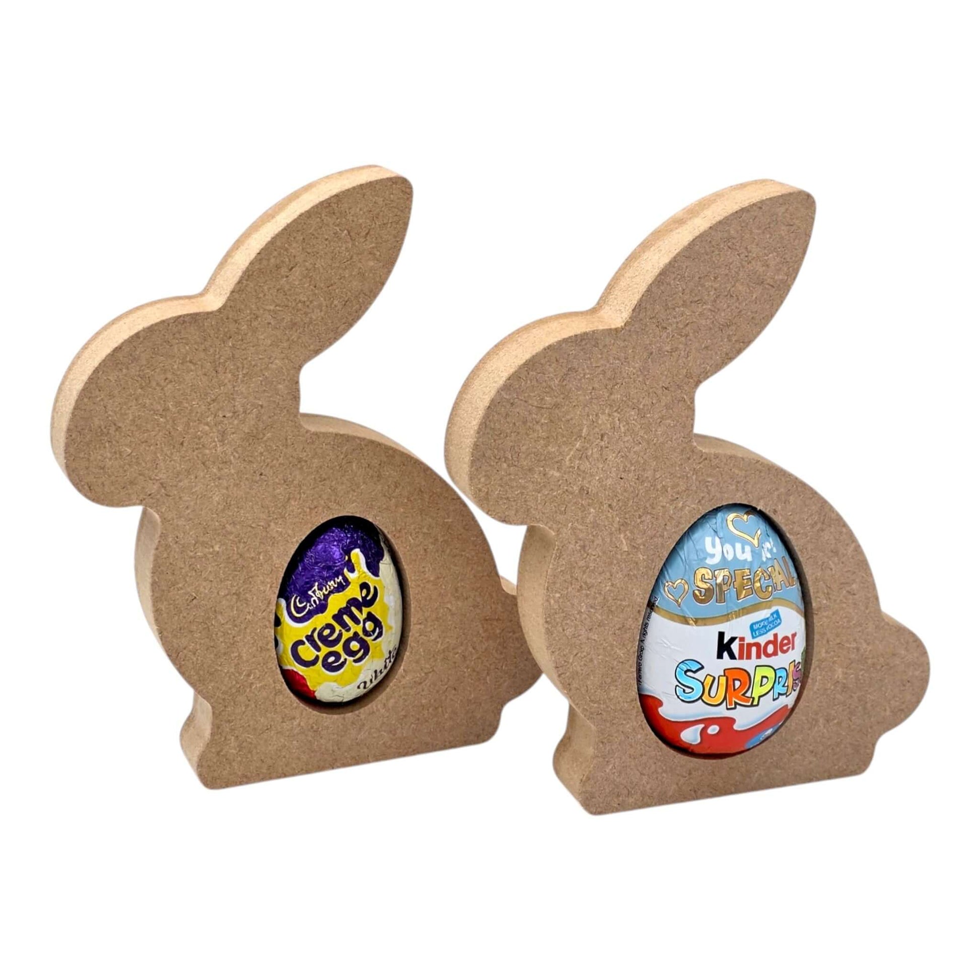 Sitting Rabbit Easter Egg Holder featuring Cadbury and Kinder eggs, perfect for Easter celebrations.