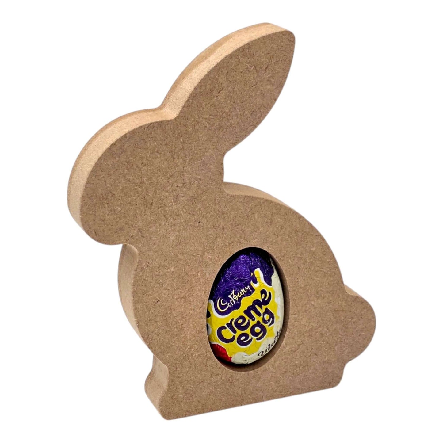 Sitting Rabbit Easter Egg Holder displaying a Cadbury Creme Egg, adding charm to Easter celebrations.