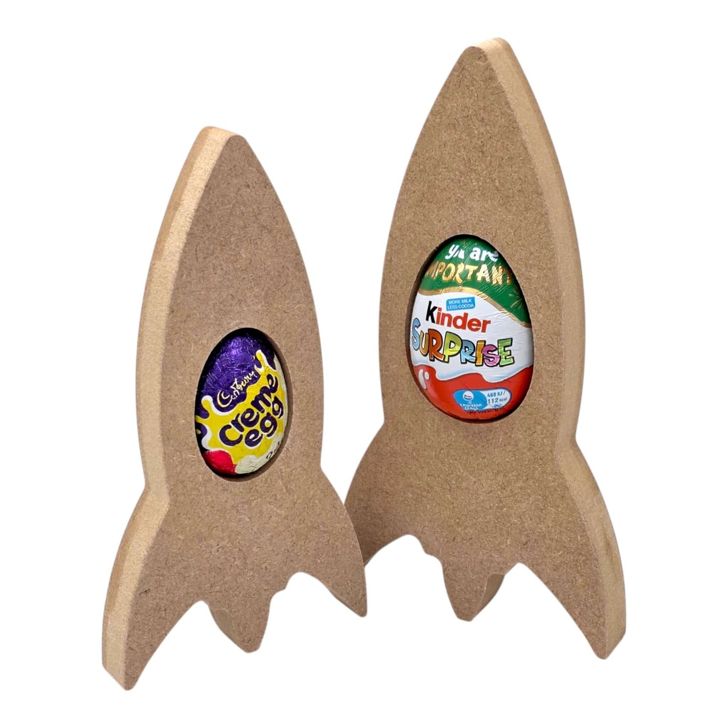 Rocket Ship Easter Egg Holder displaying colorful chocolate eggs in retro rocket designs.