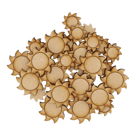Laser cut MDF sun craft shapes, 3mm thick, perfect for arts & crafts projects.