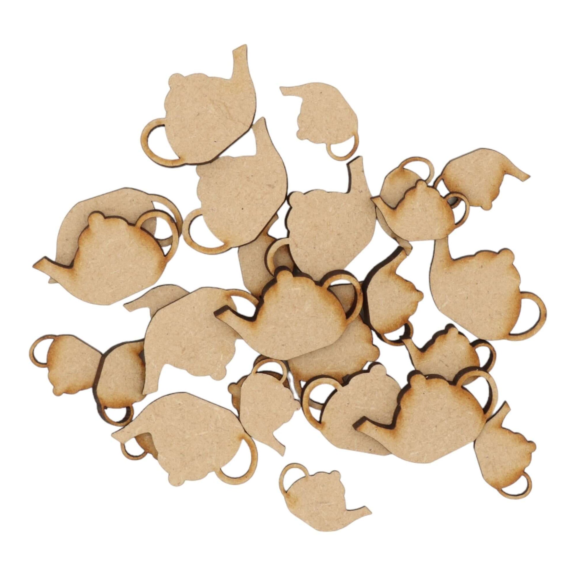 Laser cut MDF tea pot craft shapes, 3mm thick, perfect for arts & crafts projects.