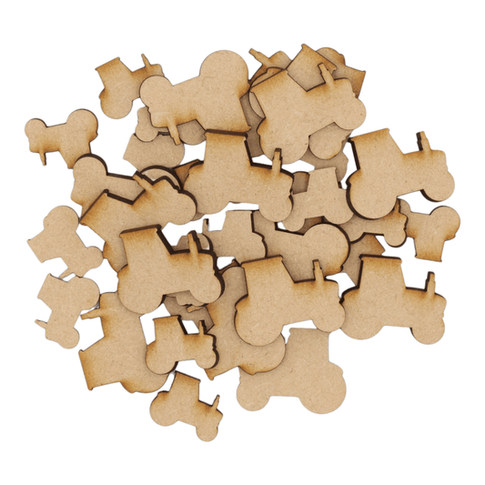 Laser cut MDF tractor craft shapes, 3mm thick, perfect for arts & crafts projects.