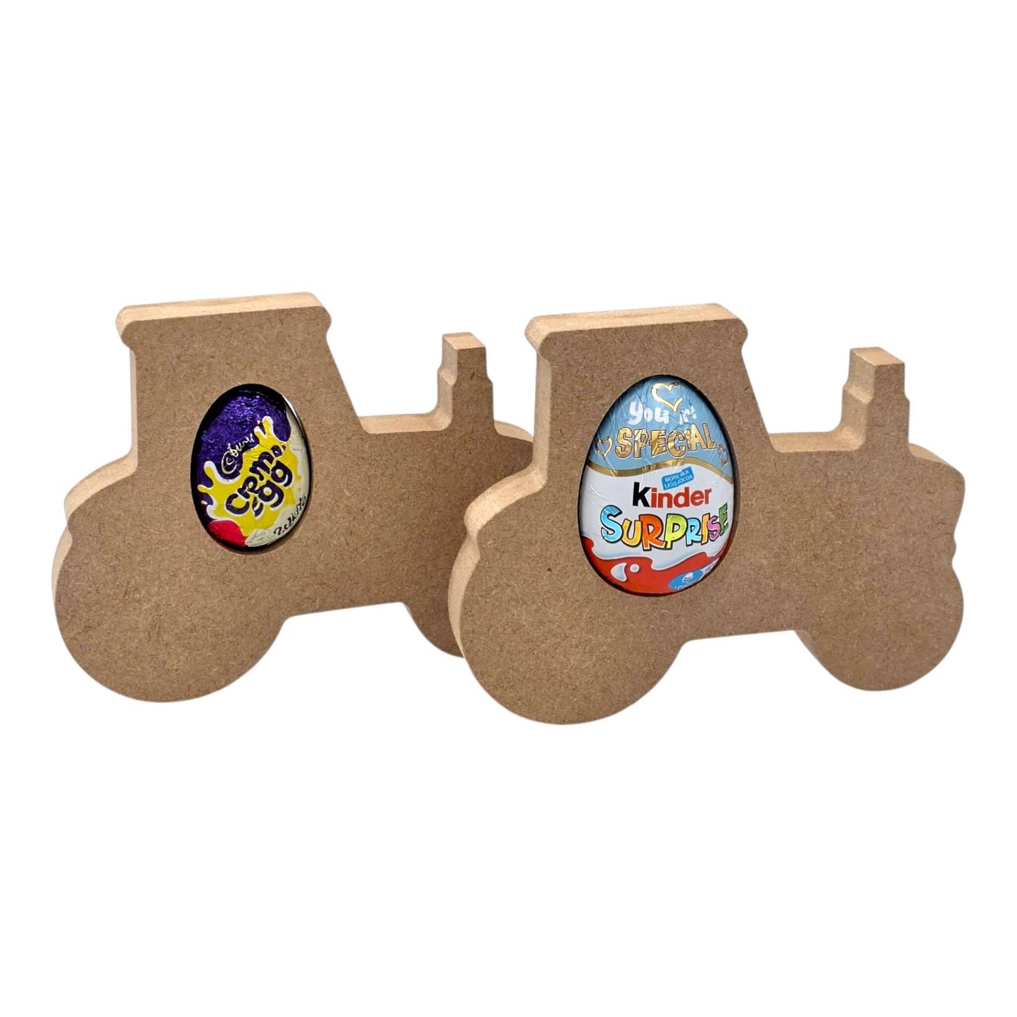 Tractor Easter Egg Holder displaying chocolate Easter eggs in a freestanding farm-themed silhouette.
