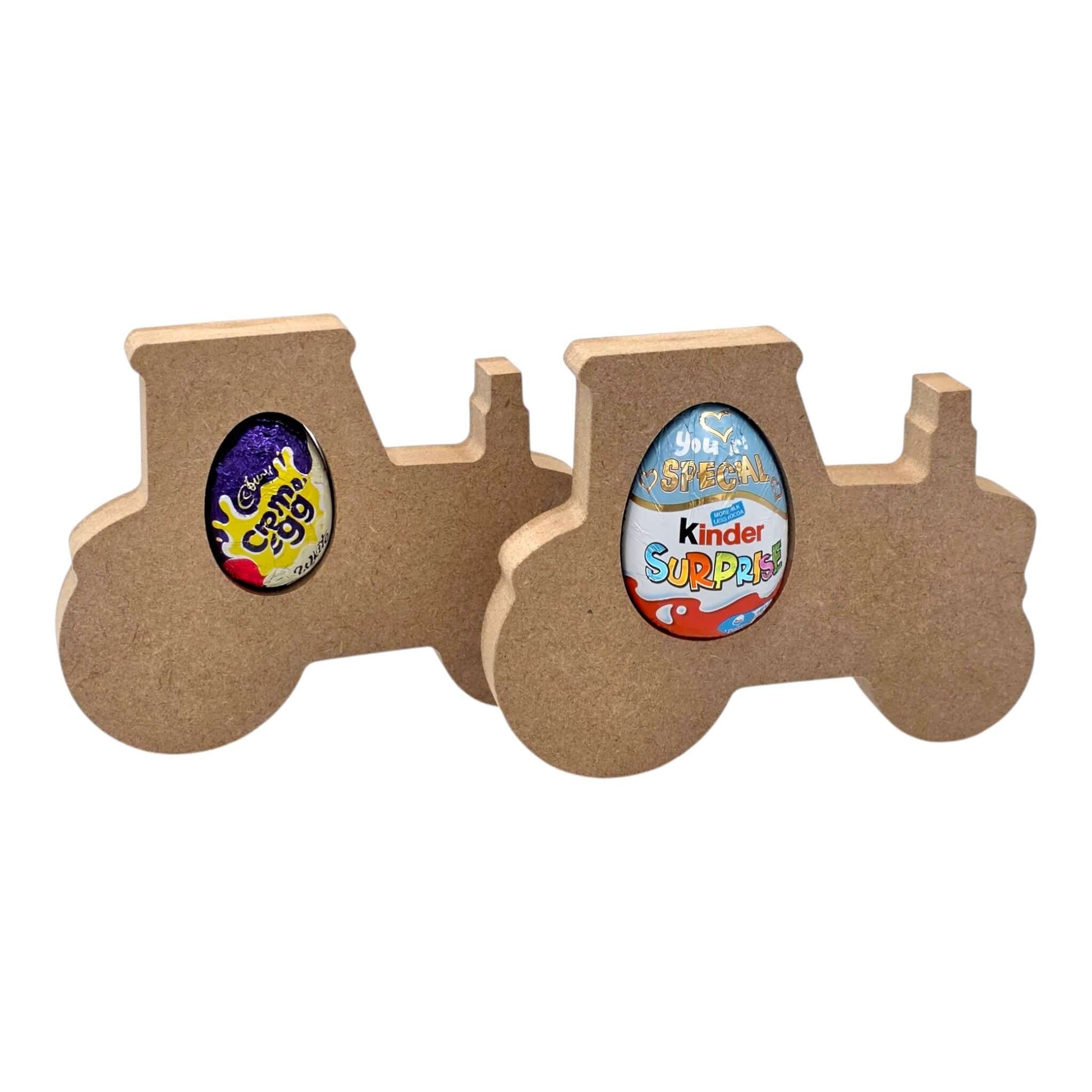Tractor Easter Egg Holder displaying chocolate Easter eggs in a freestanding farm-themed silhouette.
