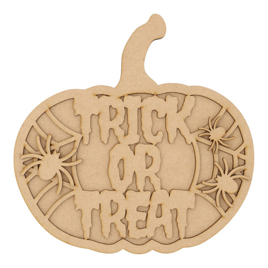 3D Wooden Halloween Pumpkin – Layered Trick or Treat & Spider Decoration