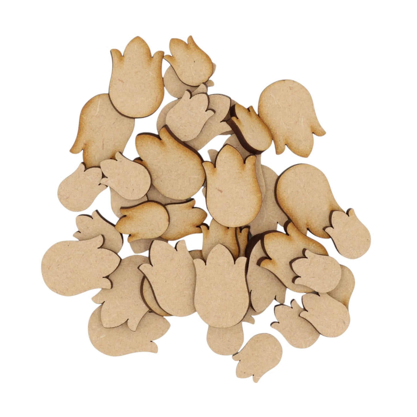 Laser cut MDF tulip head craft shapes, 3mm thick, perfect for arts & crafts projects.