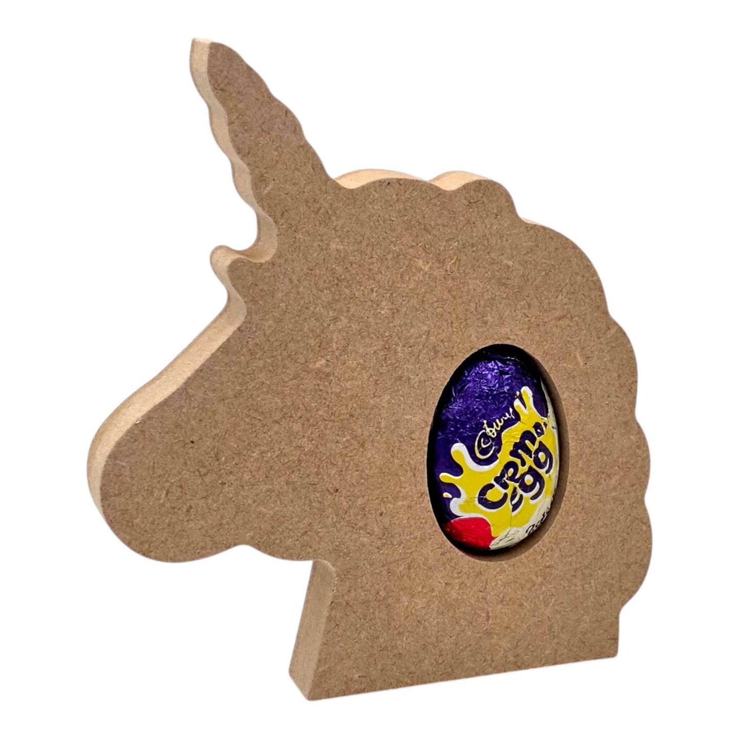 Unicorn Head Easter Egg Holder with a chocolate Cadbury Creme Egg nestled in its silhouette.