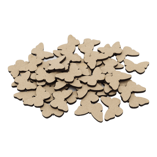 Laser cut MDF butterfly craft shapes, 3mm thick, perfect for arts & crafts projects.