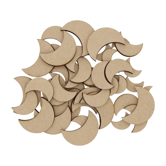 Laser cut MDF crescent moon craft shapes, 3mm thick, perfect for arts & crafts projects.