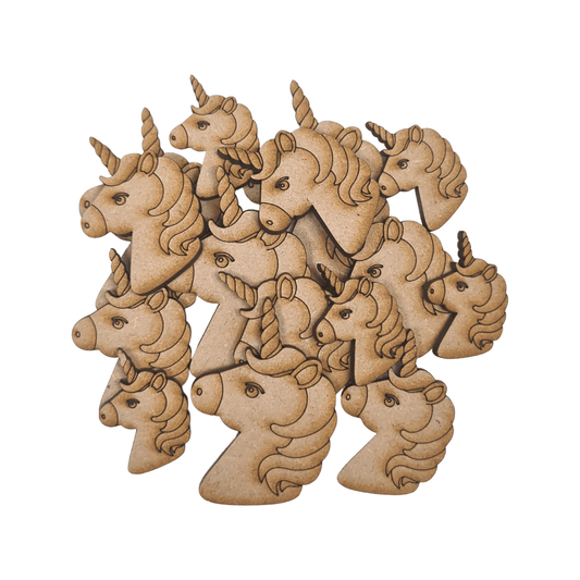 Laser cut MDF detailed unicorn craft shapes, 3mm thick, perfect for arts & crafts projects.