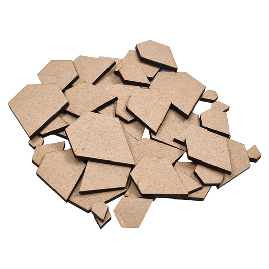 Laser cut MDF diamond craft shapes, 3mm thick, perfect for arts & crafts projects.
