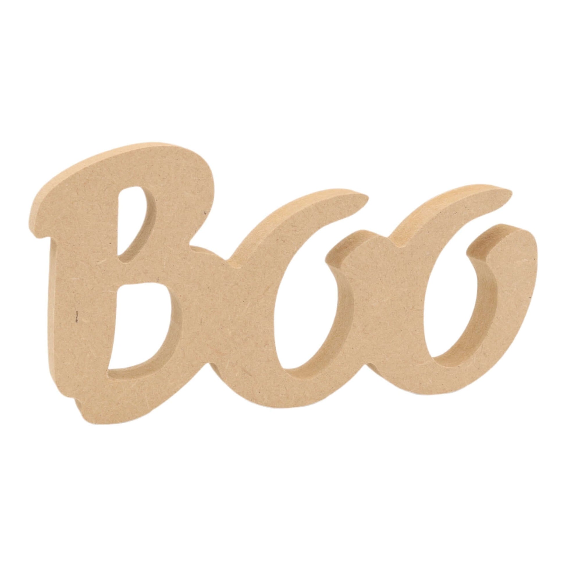CNC routed freestanding BOO word shapes made from MDF, quality craft shapes for DIY projects.