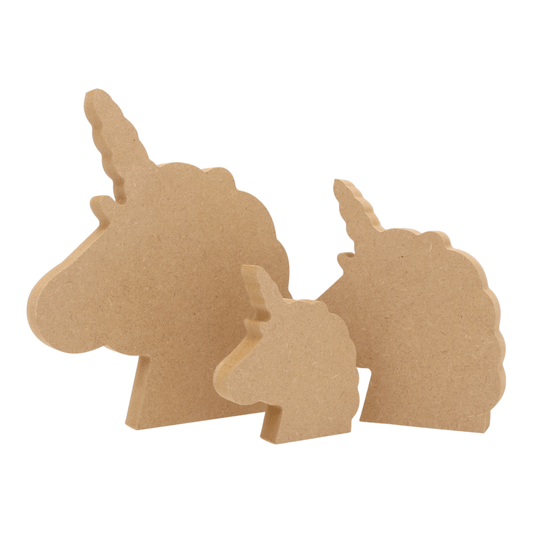 CNC routed freestanding unicorn head shapes made from MDF, quality craft shapes for DIY projects.