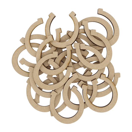 Laser cut MDF horse shoe craft shapes, 3mm thick, perfect for arts & crafts projects.