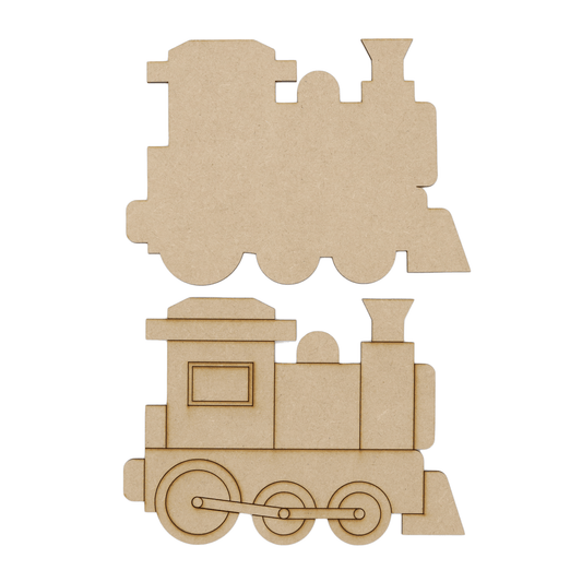Laser cut MDF large train craft shapes, 3mm thick, perfect for arts & crafts projects.