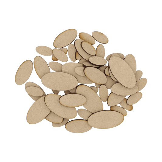 Laser cut MDF oval craft shapes, 3mm thick, perfect for arts & crafts projects.