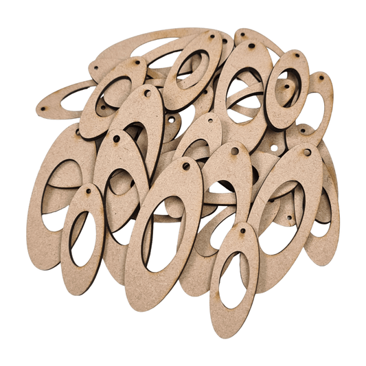 Laser cut MDF oval pendant craft shapes, 3mm thick, perfect for arts & crafts projects.