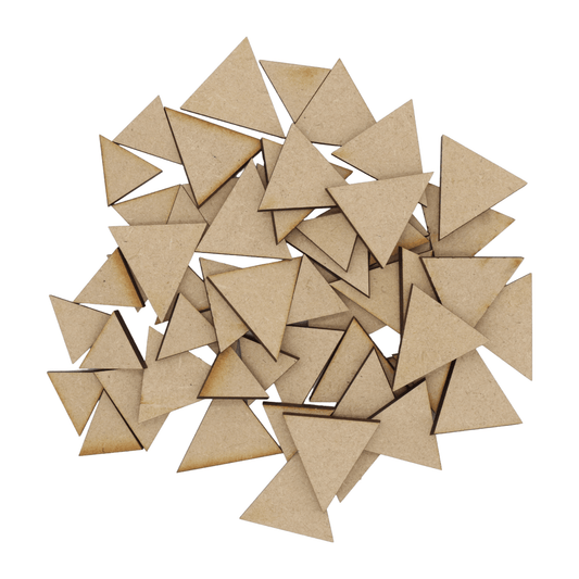 Laser cut MDF triangles craft shapes, 3mm thick, perfect for arts & crafts projects.
