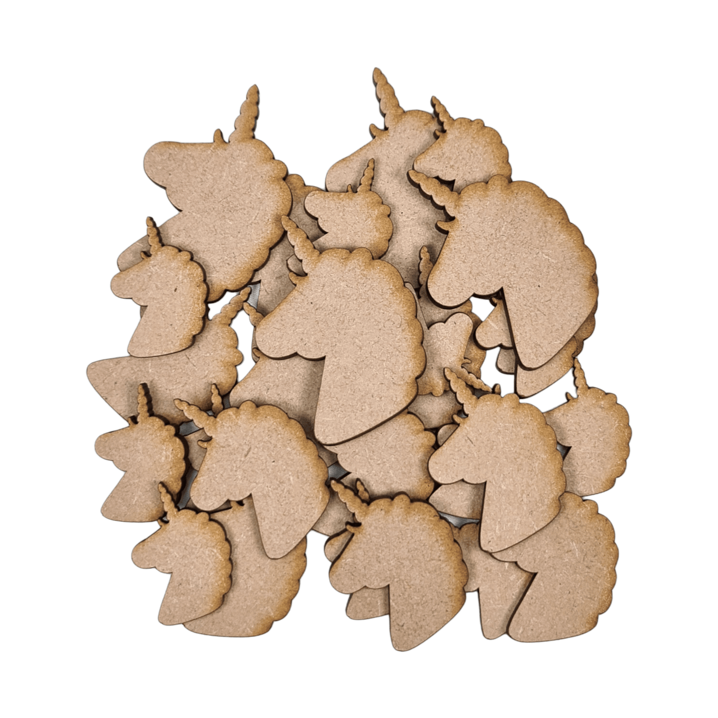 Laser cut MDF plain unicorn head craft shapes, 3mm thick, perfect for arts & crafts projects.
