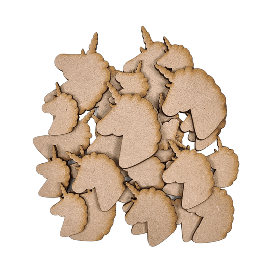 Laser cut MDF plain unicorn head craft shapes, 3mm thick, perfect for arts & crafts projects.